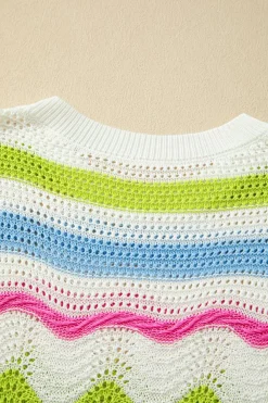 Clearance Dear-Lover Colorblock Crochet Knit Ruffled Short Sleeve Sweater Top White