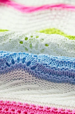 Clearance Dear-Lover Colorblock Crochet Knit Ruffled Short Sleeve Sweater Top White