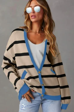 Discount Dear-Lover Colorblock Drop Shoulder Buttoned Loose Cardigan White