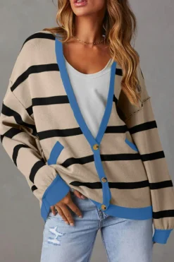 Discount Dear-Lover Colorblock Drop Shoulder Buttoned Loose Cardigan White