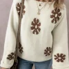 Outlet Dear-Lover Colorblock Floral Pattern Round Neck Sweater White