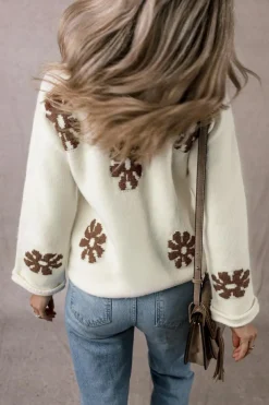 Outlet Dear-Lover Colorblock Floral Pattern Round Neck Sweater White
