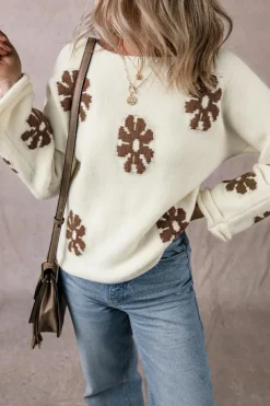 Outlet Dear-Lover Colorblock Floral Pattern Round Neck Sweater White