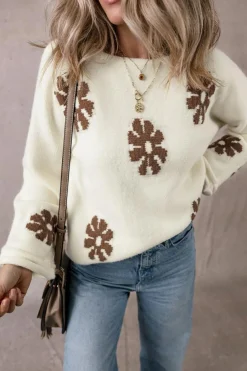 Outlet Dear-Lover Colorblock Floral Pattern Round Neck Sweater White
