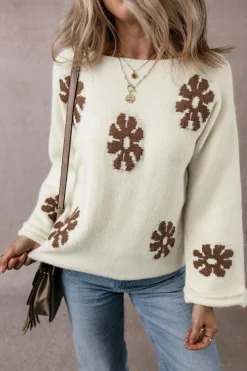Outlet Dear-Lover Colorblock Floral Pattern Round Neck Sweater White