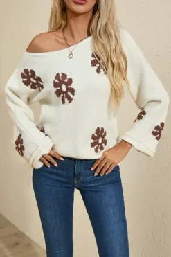 Outlet Dear-Lover Colorblock Floral Pattern Round Neck Sweater White