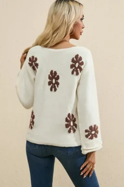 Outlet Dear-Lover Colorblock Floral Pattern Round Neck Sweater White