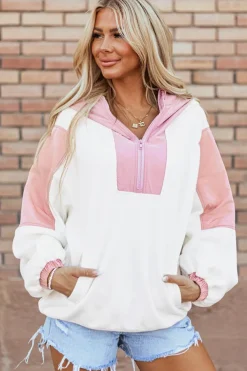 New Dear-Lover Colorblock Patchwork Half Zip Oversized Sherpa Hoodie White