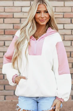 New Dear-Lover Colorblock Patchwork Half Zip Oversized Sherpa Hoodie White