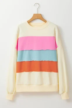 Hot Dear-Lover Colorblock Patchwork Crewneck Drop Shoulder Sweatshirt White