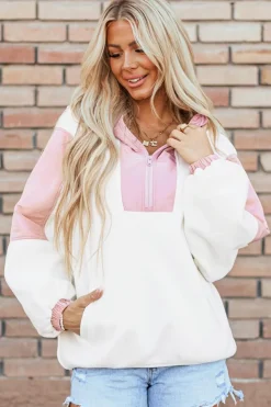 New Dear-Lover Colorblock Patchwork Half Zip Oversized Sherpa Hoodie White