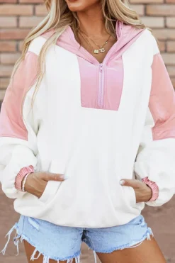 New Dear-Lover Colorblock Patchwork Half Zip Oversized Sherpa Hoodie White
