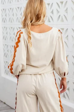 Fashion Dear-Lover Colorblock Ric Rac Trim Sleeve Top and Wide Leg Pants Set White