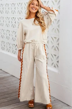 Fashion Dear-Lover Colorblock Ric Rac Trim Sleeve Top and Wide Leg Pants Set White