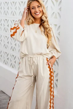 Fashion Dear-Lover Colorblock Ric Rac Trim Sleeve Top and Wide Leg Pants Set White