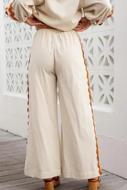 Fashion Dear-Lover Colorblock Ric Rac Trim Sleeve Top and Wide Leg Pants Set White