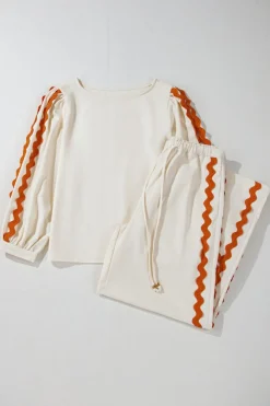 Fashion Dear-Lover Colorblock Ric Rac Trim Sleeve Top and Wide Leg Pants Set White