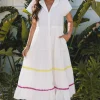 New Dear-Lover Colorblock Rickrack Trim Short Sleeve Drawstring Waist Long Dress White