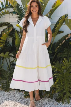 New Dear-Lover Colorblock Rickrack Trim Short Sleeve Drawstring Waist Long Dress White