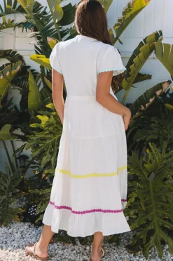 New Dear-Lover Colorblock Rickrack Trim Short Sleeve Drawstring Waist Long Dress White