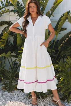 New Dear-Lover Colorblock Rickrack Trim Short Sleeve Drawstring Waist Long Dress White