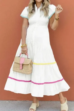 New Dear-Lover Colorblock Rickrack Trim Short Sleeve Drawstring Waist Long Dress White