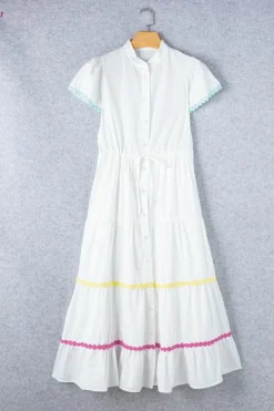 New Dear-Lover Colorblock Rickrack Trim Short Sleeve Drawstring Waist Long Dress White