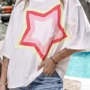 Sale Dear-Lover Colorblock Star Patched Half Sleeve Oversized Tee White