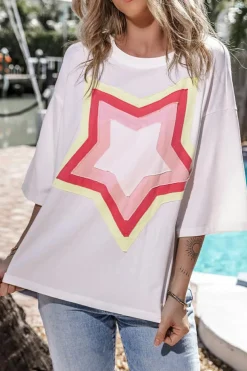 Sale Dear-Lover Colorblock Star Patched Half Sleeve Oversized Tee White