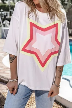 Sale Dear-Lover Colorblock Star Patched Half Sleeve Oversized Tee White