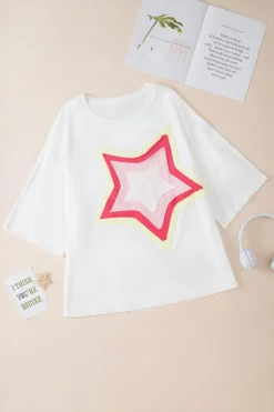 Sale Dear-Lover Colorblock Star Patched Half Sleeve Oversized Tee White