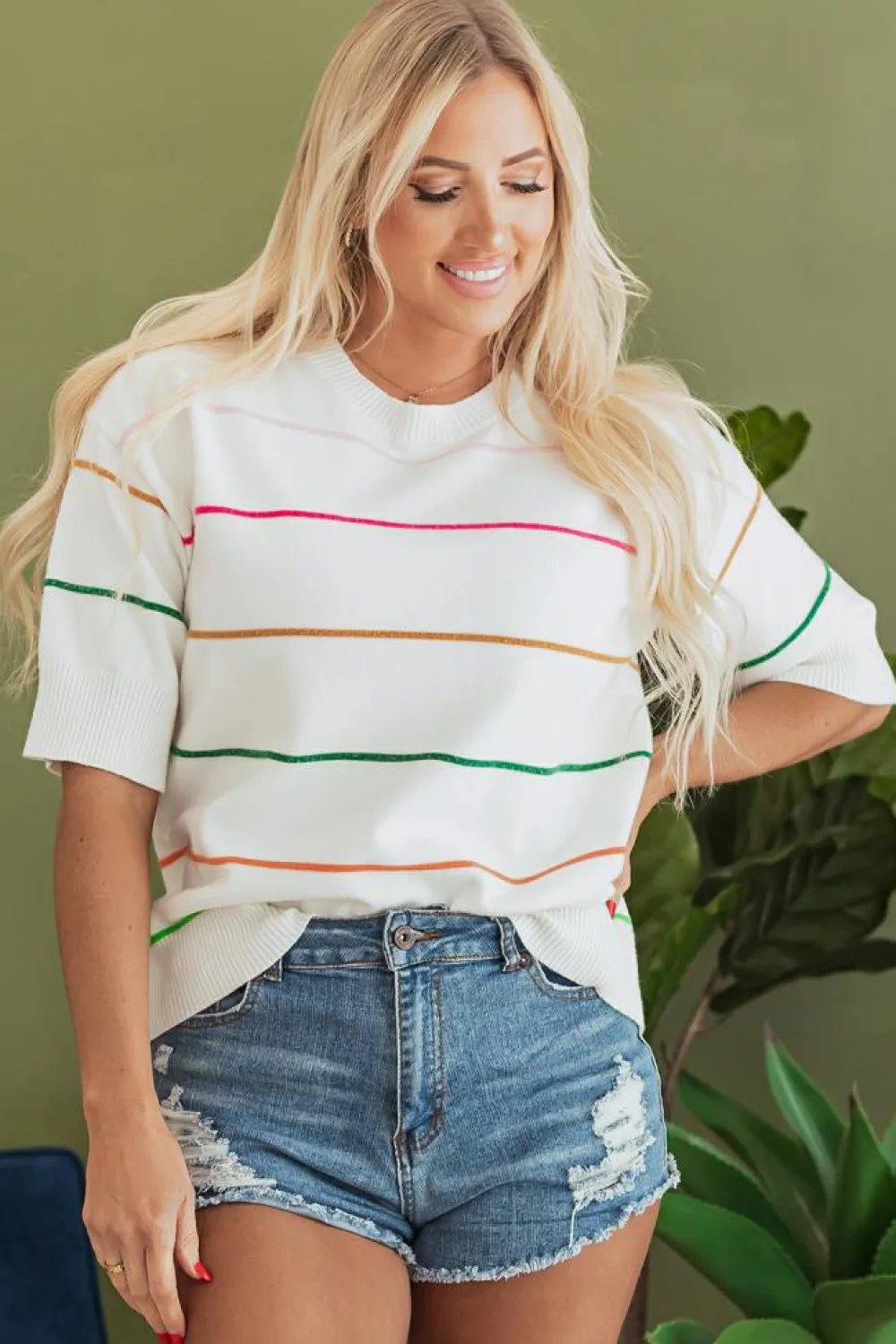 Best Dear-Lover Colorblock Striped Half Sleeve Drop Shoulder Sweater White