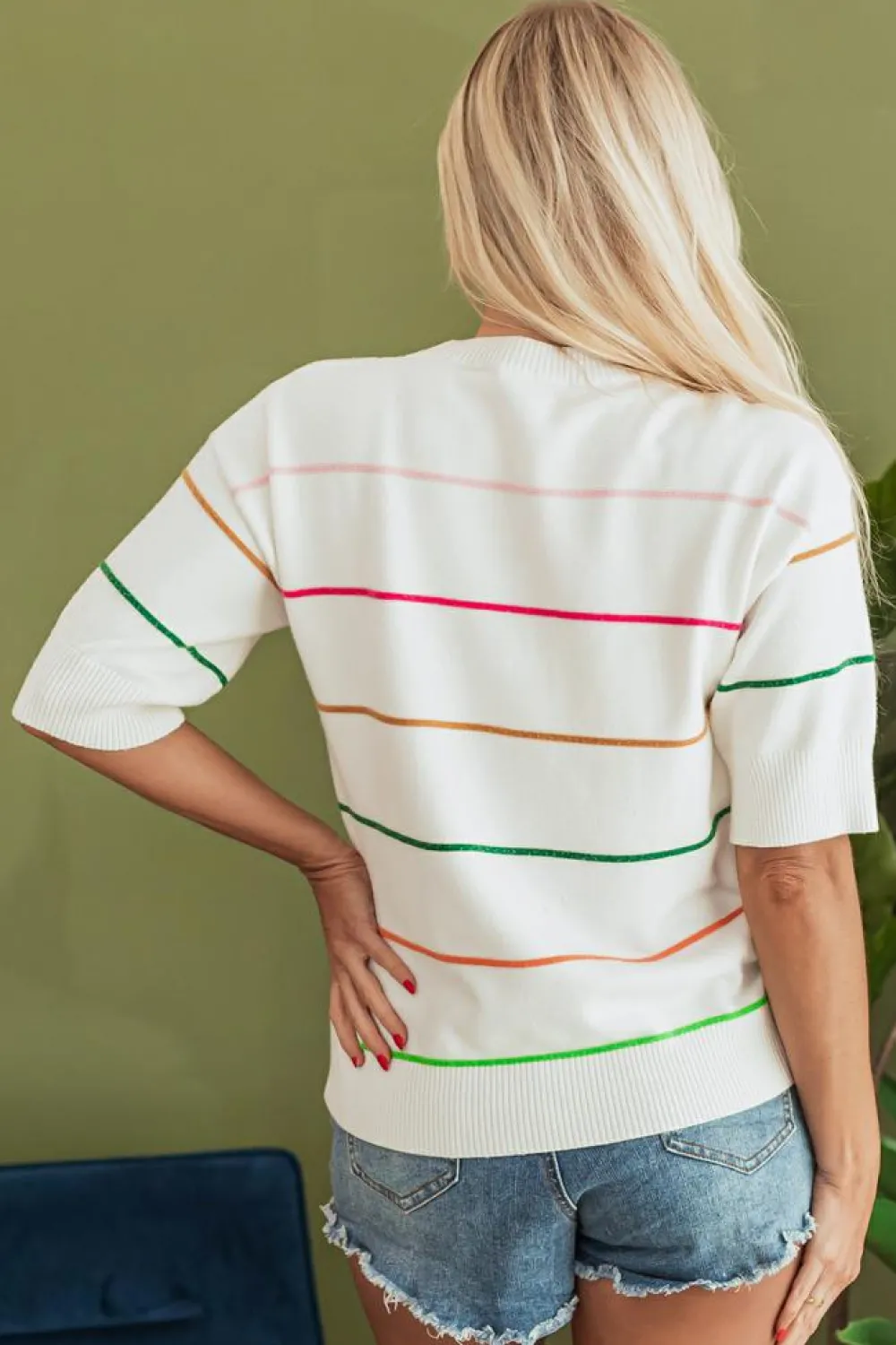 Best Dear-Lover Colorblock Striped Half Sleeve Drop Shoulder Sweater White