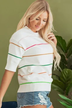 Best Dear-Lover Colorblock Striped Half Sleeve Drop Shoulder Sweater White