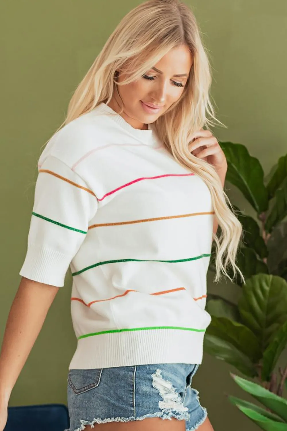 Best Dear-Lover Colorblock Striped Half Sleeve Drop Shoulder Sweater White