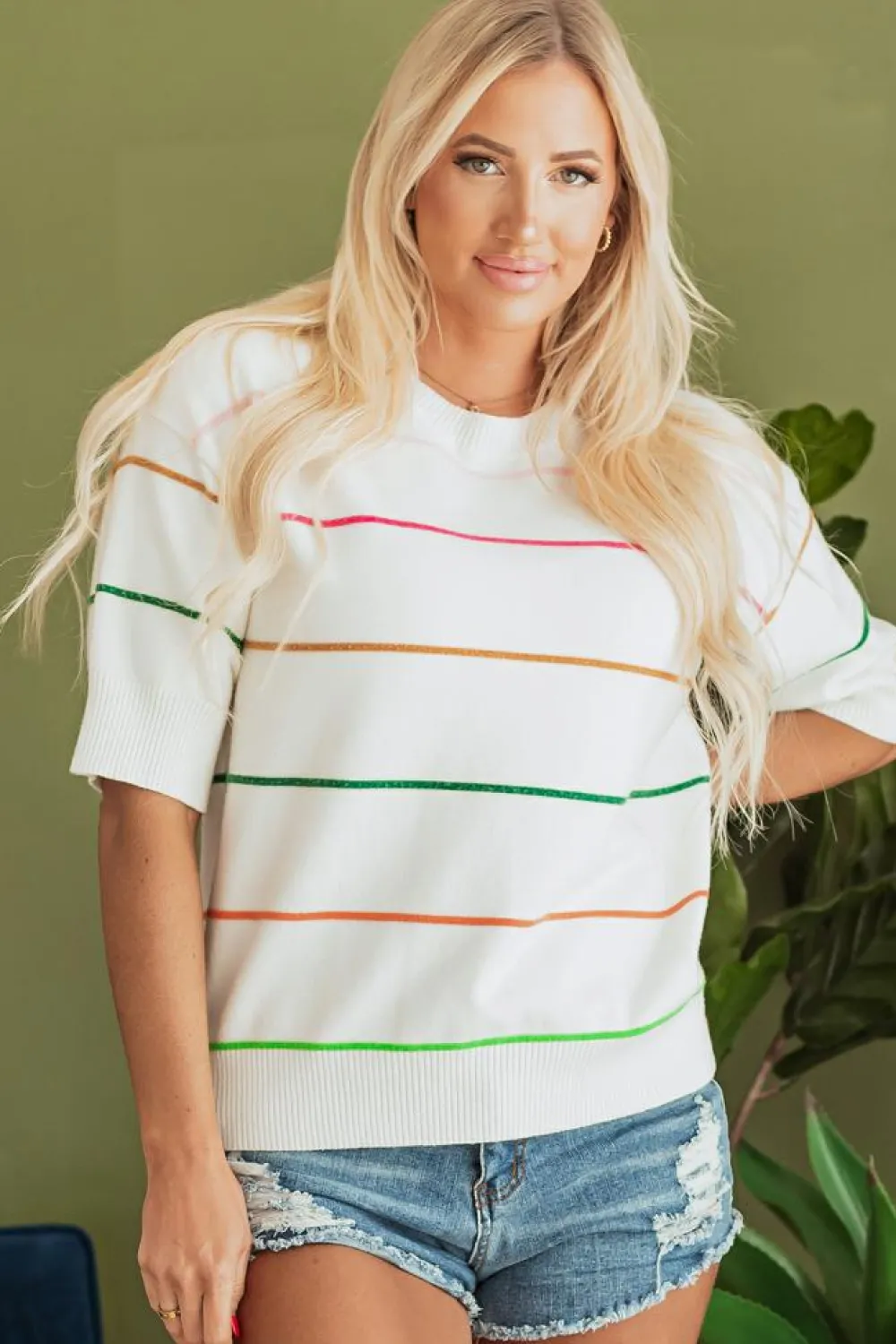 Best Dear-Lover Colorblock Striped Half Sleeve Drop Shoulder Sweater White