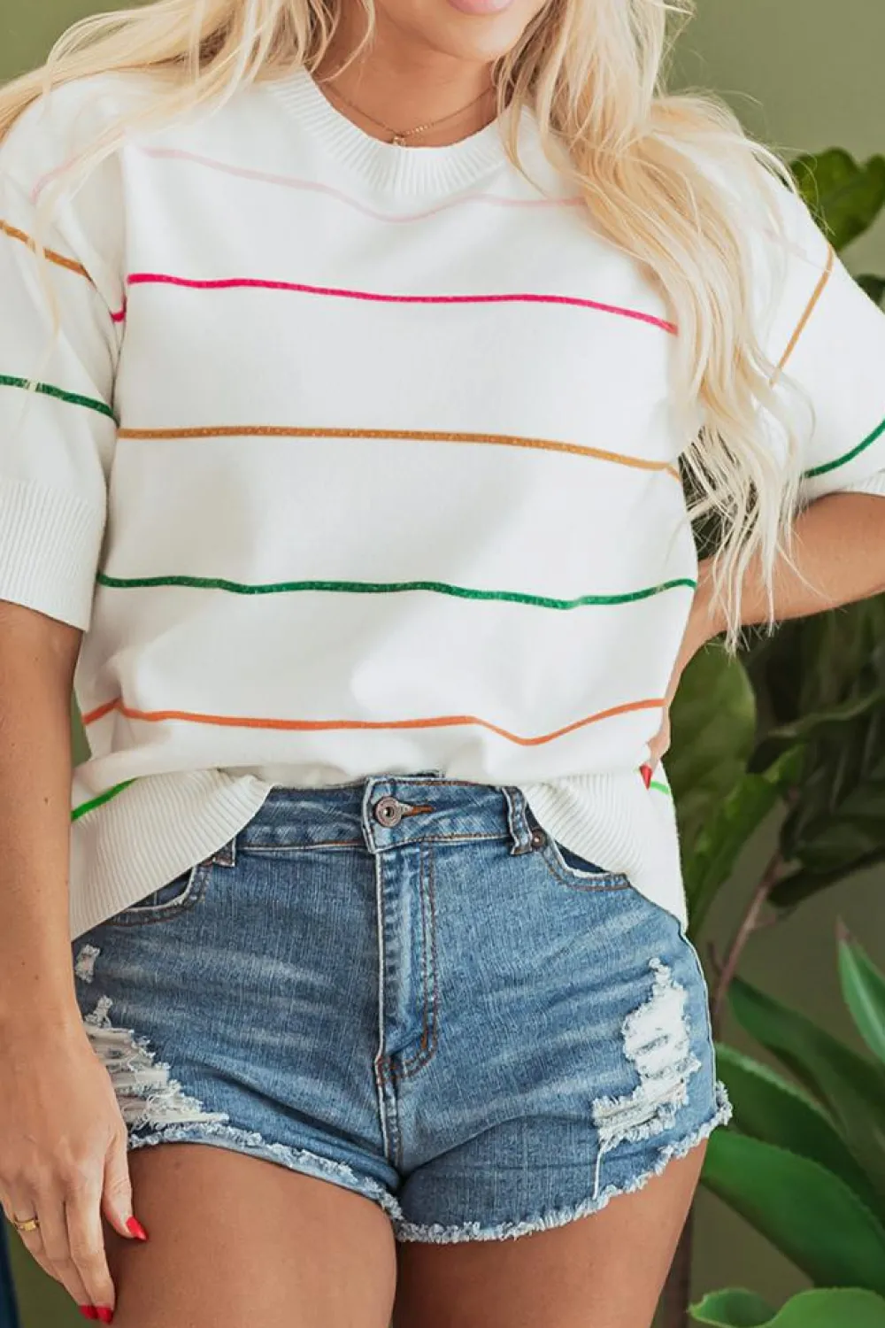 Best Dear-Lover Colorblock Striped Half Sleeve Drop Shoulder Sweater White