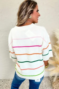 Best Dear-Lover Colorblock Striped Half Sleeve Drop Shoulder Sweater White