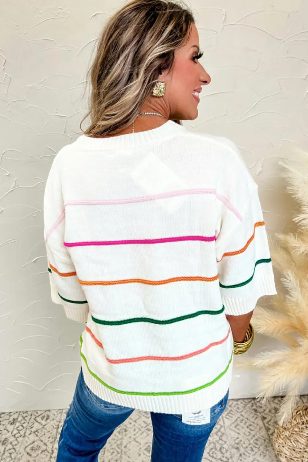 Best Dear-Lover Colorblock Striped Half Sleeve Drop Shoulder Sweater White