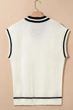 Fashion Dear-Lover Colorblock V Neck Cap Sleeve Cable Knit Sweater White
