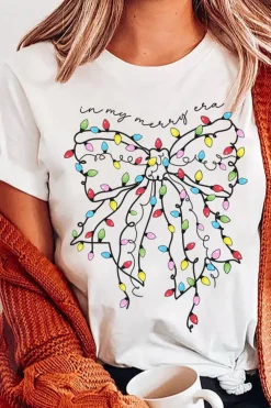 Online Dear-Lover Colored Light Bowknot Graphic Crewneck T Shirt White