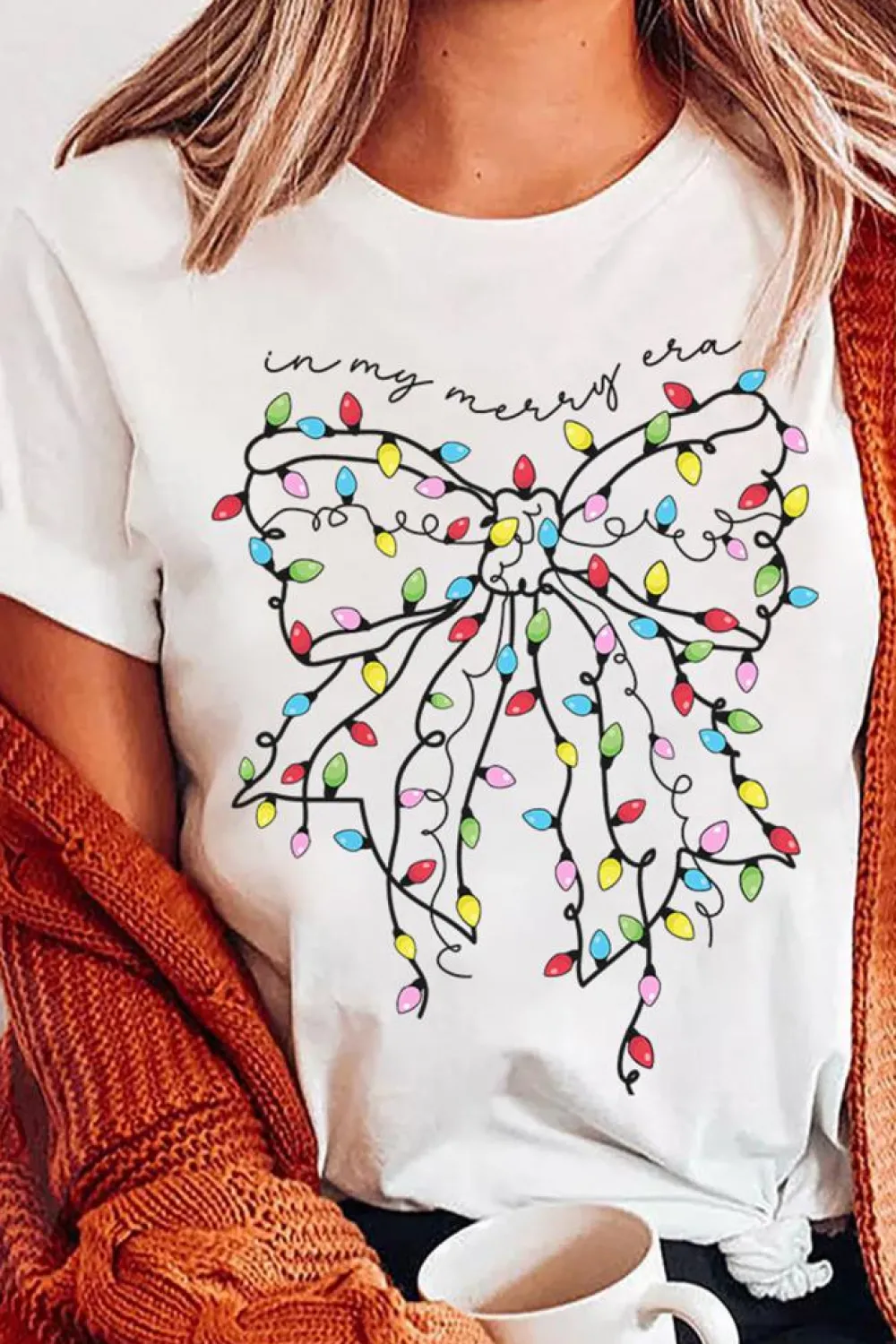 Online Dear-Lover Colored Light Bowknot Graphic Crewneck T Shirt White