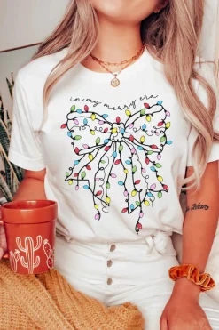 Online Dear-Lover Colored Light Bowknot Graphic Crewneck T Shirt White