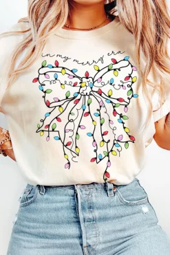 Online Dear-Lover Colored Light Bowknot Graphic Crewneck T Shirt White