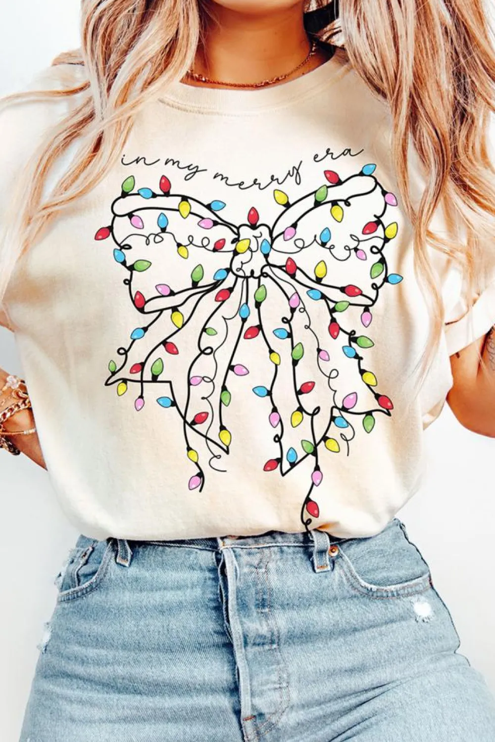 Online Dear-Lover Colored Light Bowknot Graphic Crewneck T Shirt White