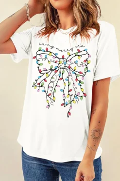 Online Dear-Lover Colored Light Bowknot Graphic Crewneck T Shirt White