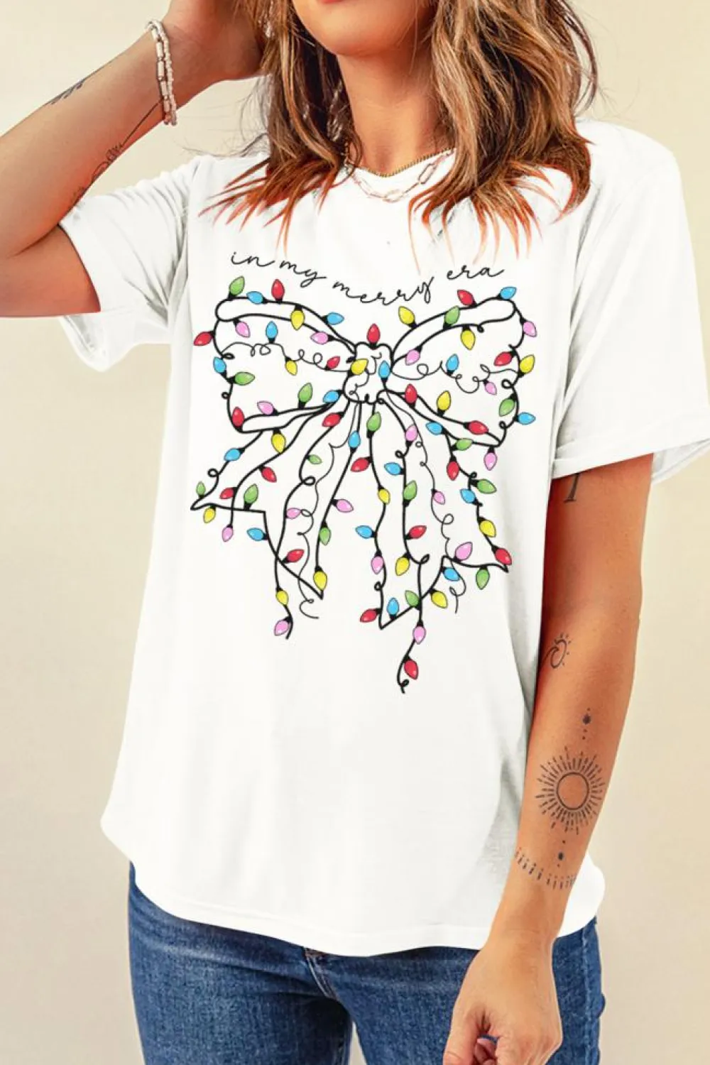 Online Dear-Lover Colored Light Bowknot Graphic Crewneck T Shirt White