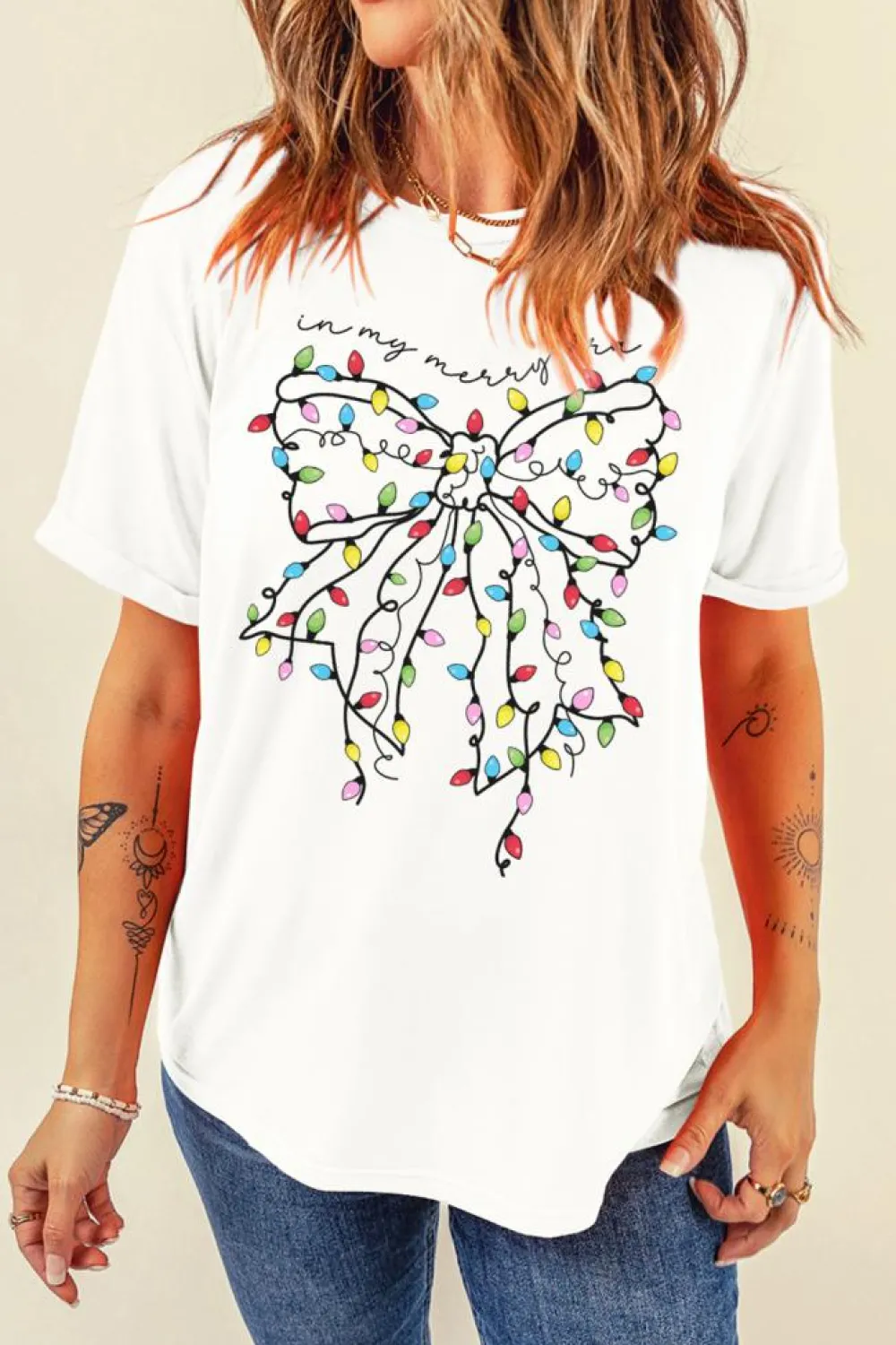 Online Dear-Lover Colored Light Bowknot Graphic Crewneck T Shirt White