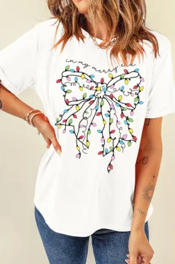 Online Dear-Lover Colored Light Bowknot Graphic Crewneck T Shirt White
