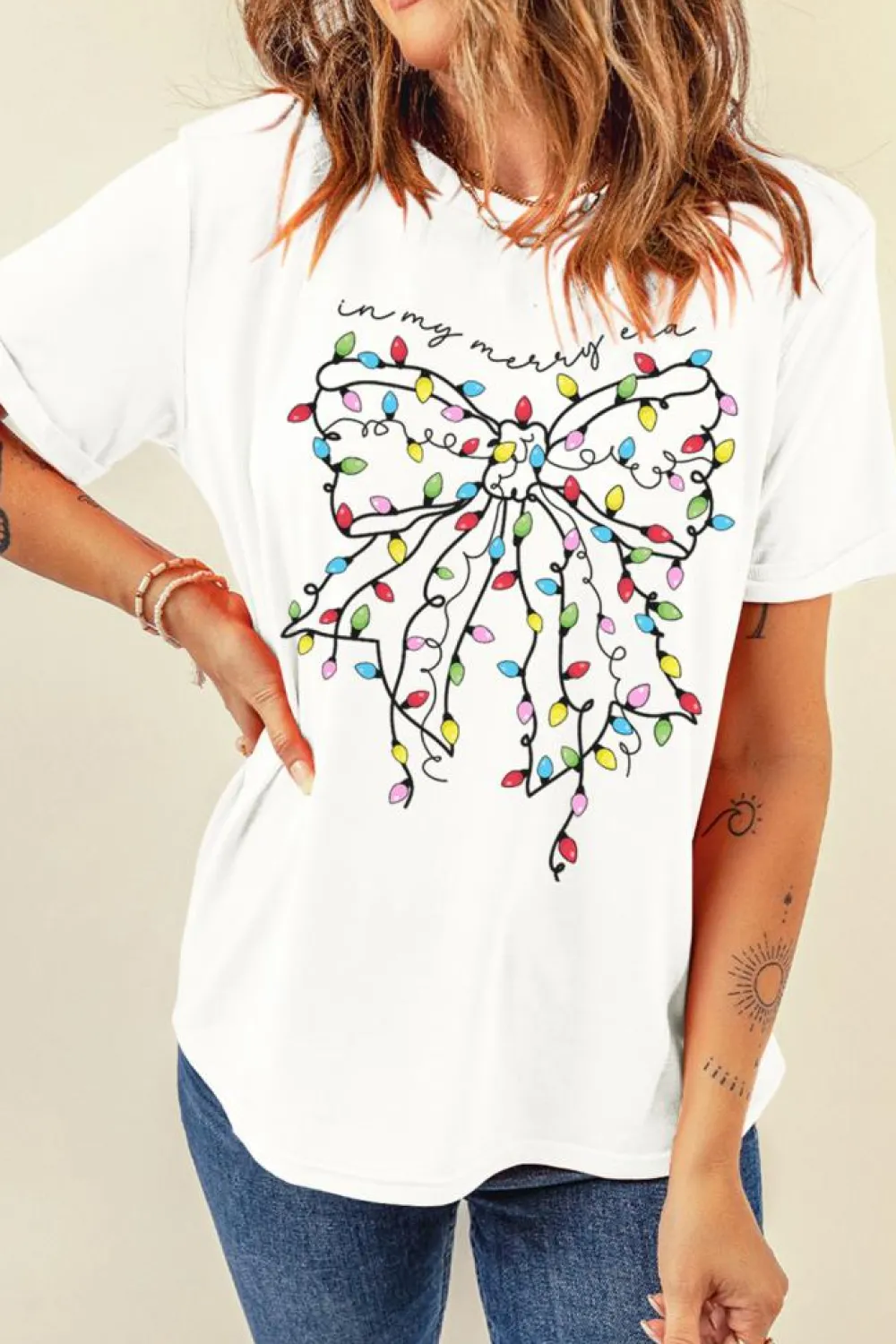 Online Dear-Lover Colored Light Bowknot Graphic Crewneck T Shirt White